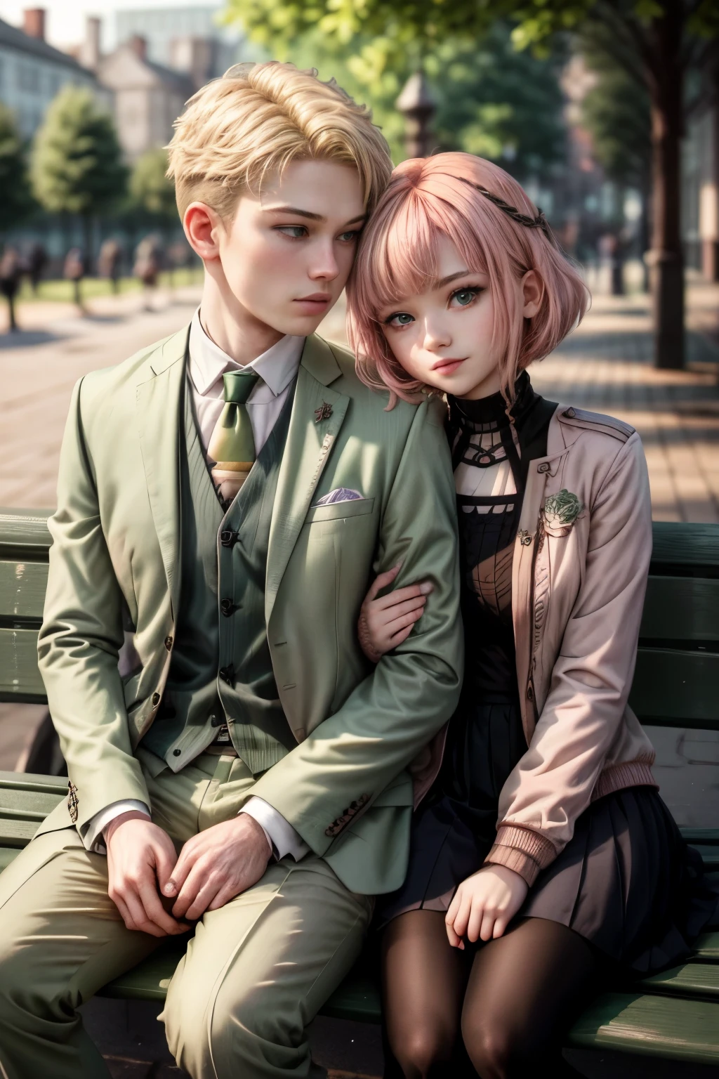 (masterpiece, best quality:1.2), high resolution, intricate details, extremely detailed, realistic and sharp details, (full body), hetero, couple, ((anya_forger_spyxfamily, Anya Forger, pink hair, short bob hair, green eyes, wearing an eden academy school uniform, 10 yo female child, sitting on his lap, )), ((1boy, blonde hair, wearing light green business suit)), (couple sitting on public bench and kissing), detailed face, detailed eyes, pale skin, photo background, outdoors, 