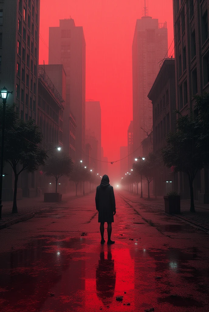 Blood rain in the city no humans fist person perspective