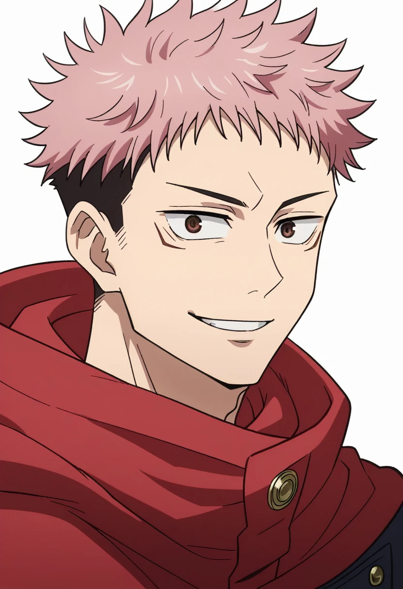 masterpiece, best quality, 1boy, itadori yuuji, pink hair, spiked short hair, undercut, brown eyes, facial mark, red hoodie, gakuran, jacket, upper body, solo, looking at viewer, smile, simple background best quality, high resolution, distinct image, Cinematic light, intricate_detail, highres, official art, finely detailed beautiful face, high-resolution illustration, 8k, dark intense shadows,  Dynamic Range, tonemapping, crisp details, Beautiful Finger,Beautiful body,Beautiful Nose,Beautiful character design, (perfect eyes), perfect face,expressive eyes,perfect balance, rule of three