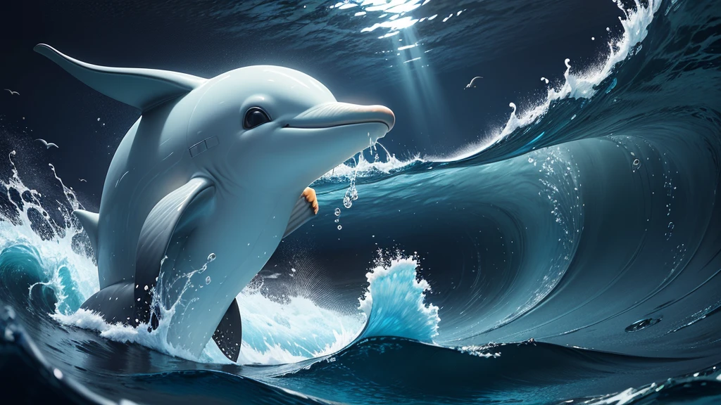 Dolphin,Swimming on the surface of the ocean at night,moonlight,Pretty face,Swimming towards me,Wave