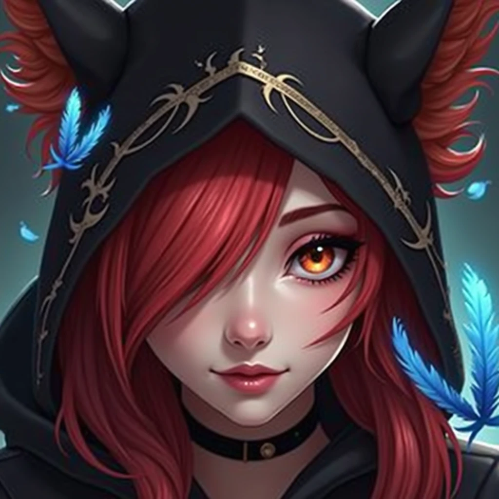1 girl, xayah (League of Legends), Red-Hair, hoodie, animal ears, feathers
