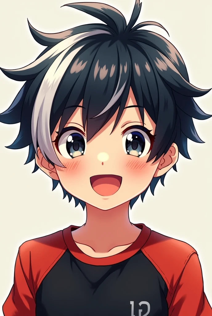 I want a 12 year old child who has red and black and white clothes and has black and white hair, an anime theme, a happy boy.
