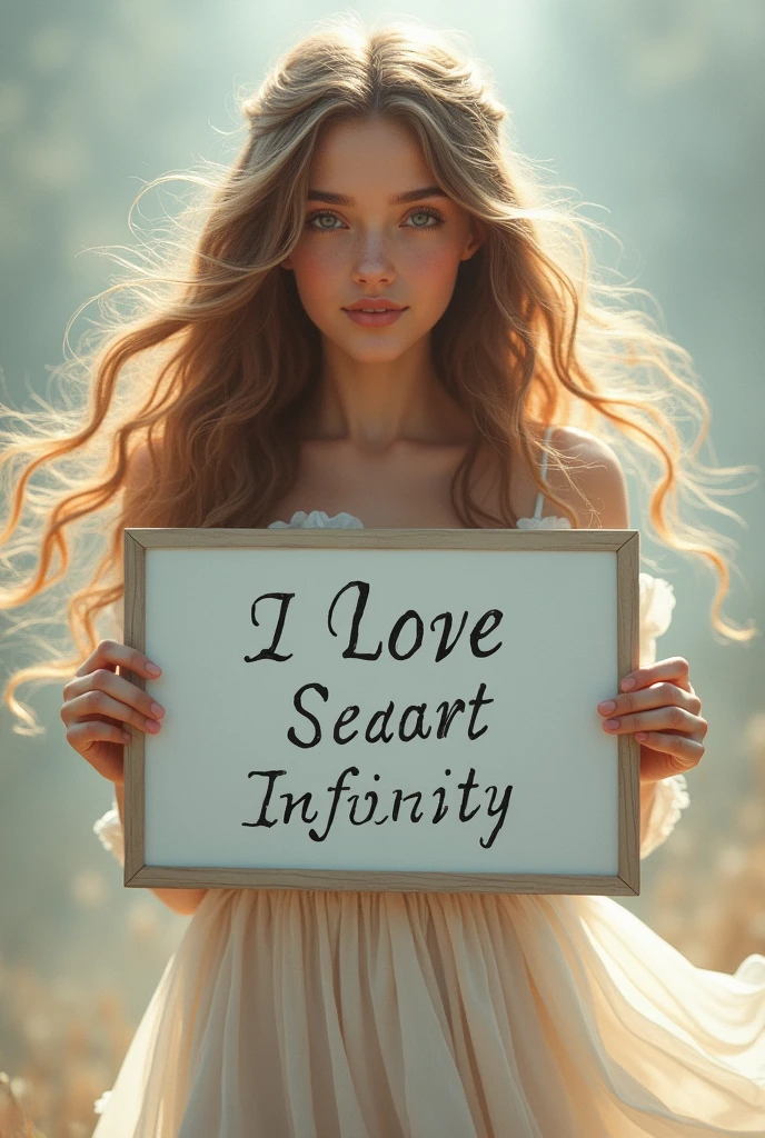 Beautiful girl with wavy long hair, bohemian dress, holding a white board with text "I Love Seaart Infinity" and showing it to the viewer