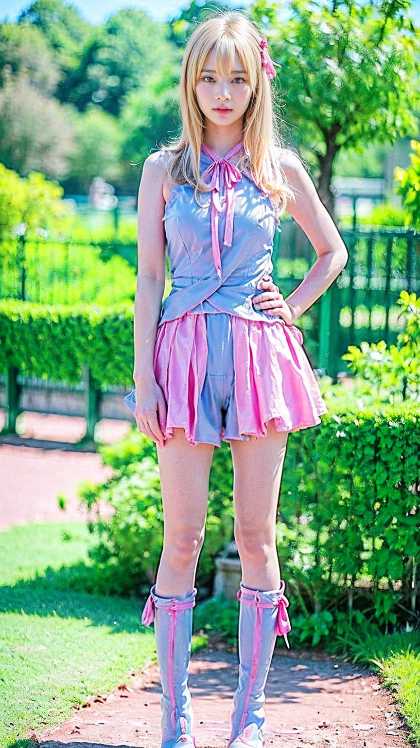 (8k、RAW Photos、Highest quality、masterpiece:1.2)、(Realistic、Realistic)、1 girl、((Blonde、Pink and light blue、Breast enlargement、ribbon、garden、Thin legs、whole body、boots、View from the front、Looking into the camera、Stand with hands on hips))、cute