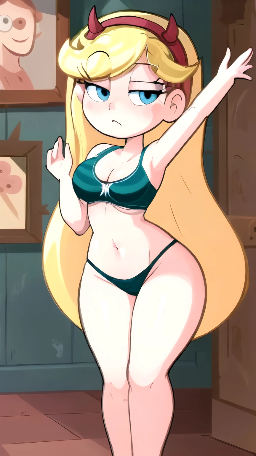 a cartoon picture of a woman in a bikini and panties, star butterfly, landidzu, , lolita, danbooru and artstation, cel shaded!!!, leaked image, cel - shaded art style, 2 d art, 2d art, cel shaded:15, in cartoon style, 1 girl, landidzu, girl , solo, a 1girl, ************ girl******, young woman, (masterpiece, best quality, high resolution:1.4), star butterfly, horn hairband,, medium breasts, NSFW, in a dynamic sexy pose showing the upper body and whole body,, ckundies, highly detailed, best quality, masterpiece, absurdities, beautiful face, detailed eyes, detailed face, full body, 4k, ((masterpiece)), extremely detailed, 8k, trending on ArtStation, Intricate, High Detail, Sharp focus, underwear, solo, panties, thick thighs, breasts, thighs, navel, sports bra, (black panties only), clothes writing, (indoors), (colorful),(delicate eyes and face), volumatic light, ray tracing, bust shot , extremely detailed CG unity 8k wallpaper, masterpiece, extremely detailed face, beautiful face, (detailed eyes, deep eyes), (1girl), from beside, full body, detailed_background, thick, 