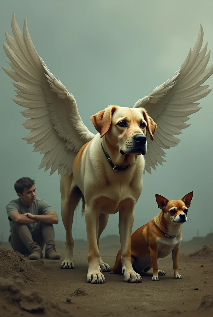 Labrador dog with wings Chihuahua dog with wings Sad man and woman