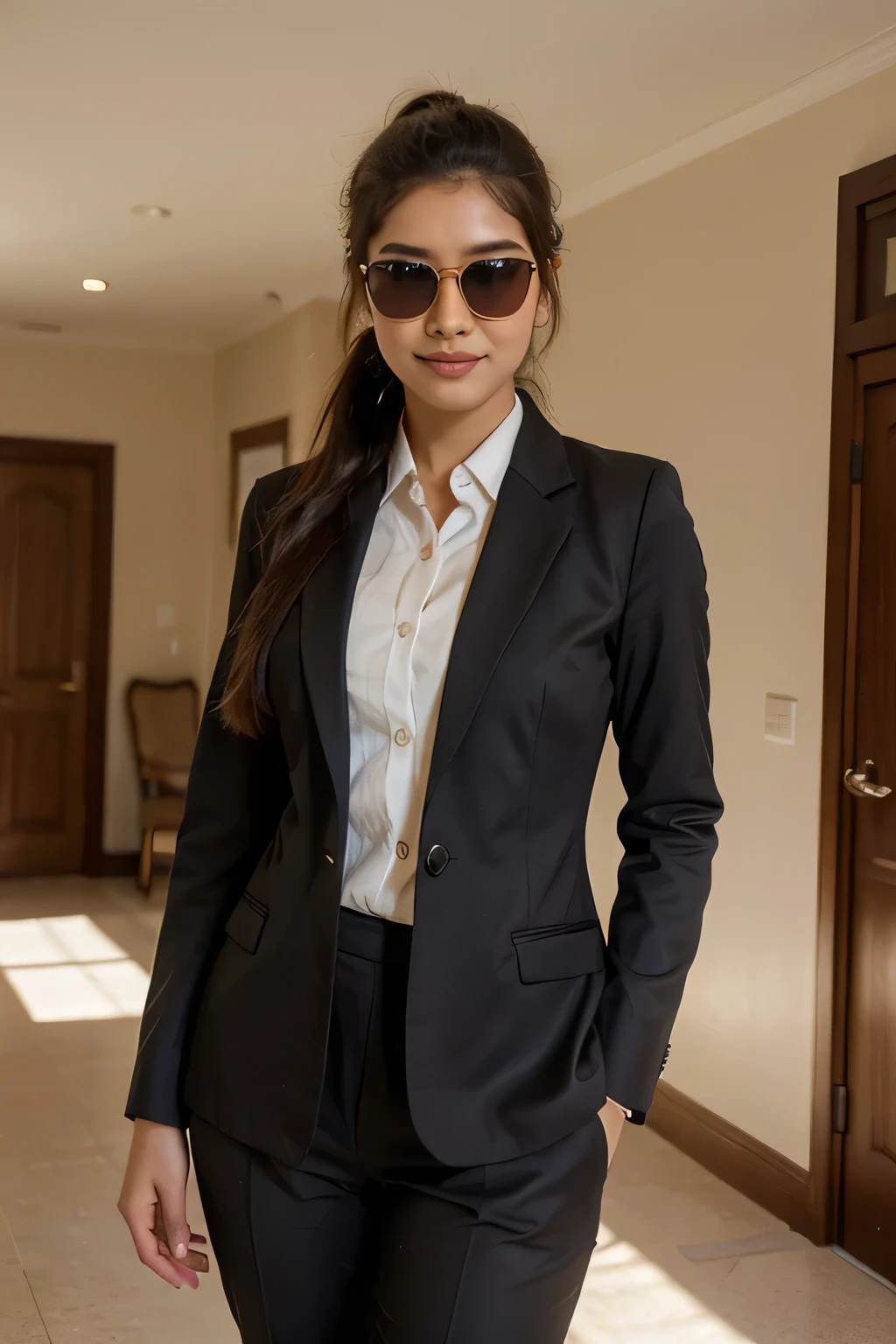 ((best quality)), ((masterpiece)), (detailed), 
A 21 year old beautiful Indian girl with long hair smiling face beautiful eyes stunning look girl ponytail hairstyle wearing sunglasses in eyes wearing suit tie coat pant standing from front same as uploaded standing in a luxurious room full pic realistic perfect