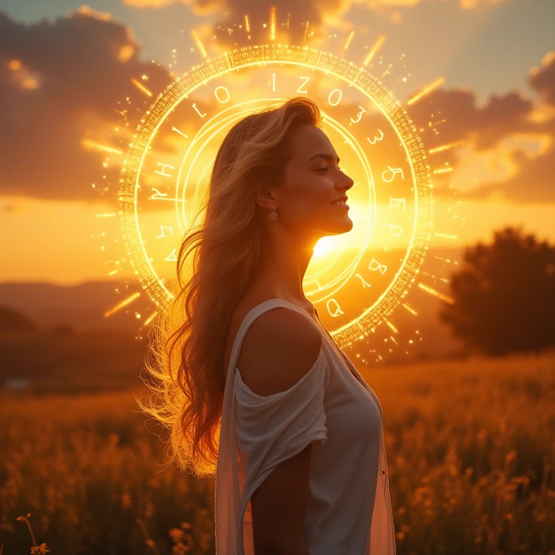 main image: a woman smiling, in a natural environment at sunrise or sunset, transmitting serenity and confidence.
Additional Elements:
Discreet Star of David in the lower corner, symbolizing kabbalistic numerology.
Graphic elements of golden lights radiating around the woman, suggesting enlightenment and new beginnings.
A small numerological chart or diagram next to the main image, to suggest map content.
This image should be engaging and catch the eye right away., leading the person to read the message with interest and motivation.