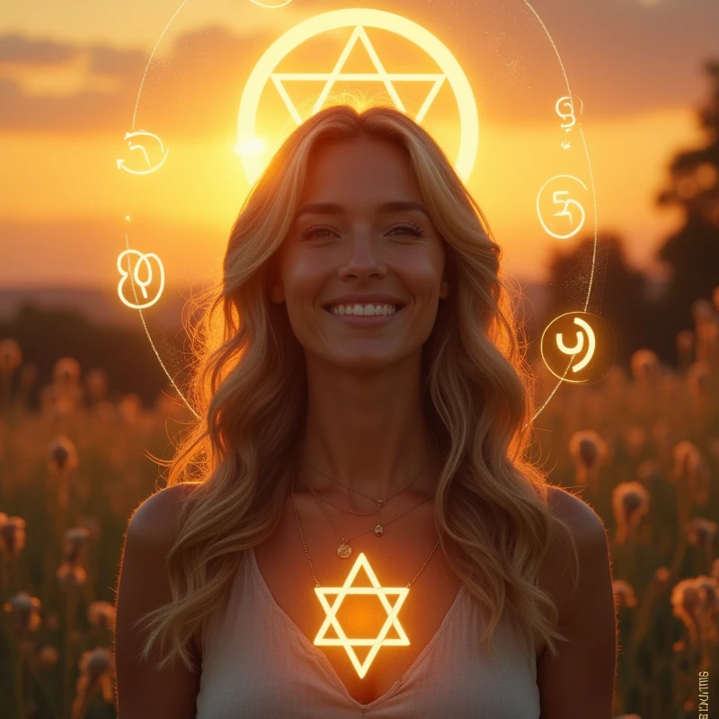 main image: a woman smiling, in a natural environment at sunrise or sunset, transmitting serenity and confidence.

Additional Elements:

Discreet Star of David in the lower corner, symbolizing kabbalistic numerology.
Graphic elements of golden lights radiating around the woman, suggesting enlightenment and new beginnings.
A small numerological chart or diagram next to the main image, to suggest map content.
This image should be engaging and catch the eye right away., leading the person to read the message with interest and motivation.