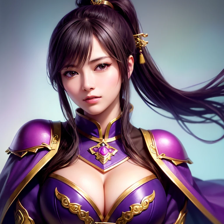 Close-up of a woman in armor and a purple cape, One person,Cute Ponytail,Large breasts and cleavage,Highly detailed face and skin texture,Looking into the camera, Chinese Warrior,Perfect beauty: 1.4, fine grain,double eyelid, Whitening skin,Highest quality,Ultra-high resolution,Simple Background