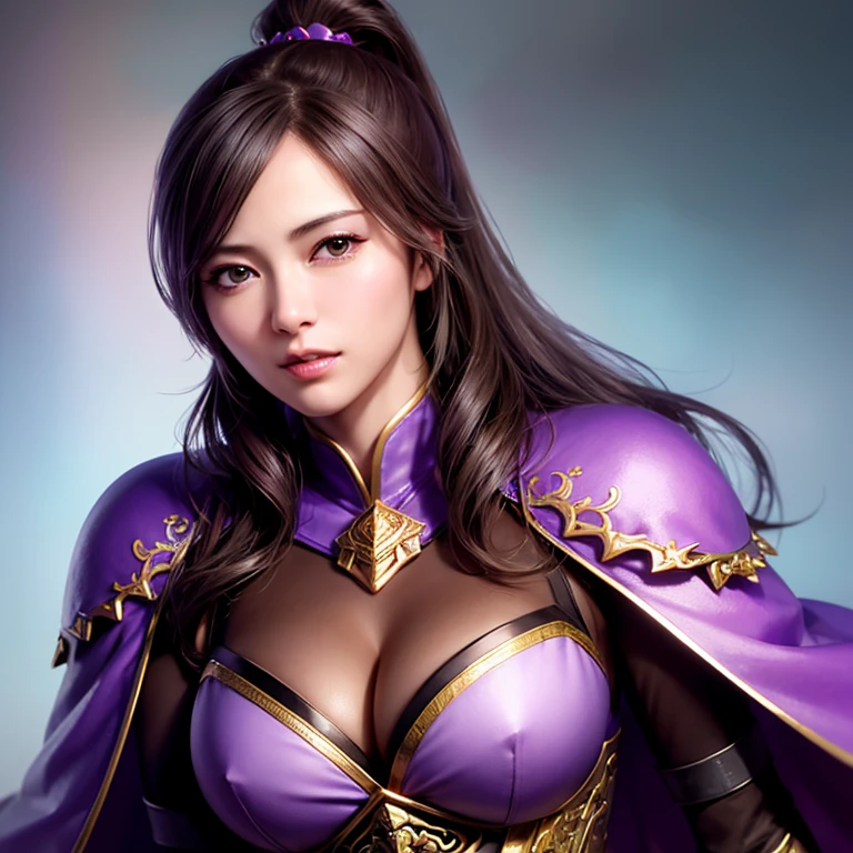 Close-up of a woman in armor and a purple cape, One person,Cute Ponytail,Large breasts and cleavage,Highly detailed face and skin texture,Looking into the camera, Chinese Warrior,Perfect beauty: 1.4, fine grain,double eyelid, Whitening skin,Highest quality,Ultra-high resolution,Simple Background