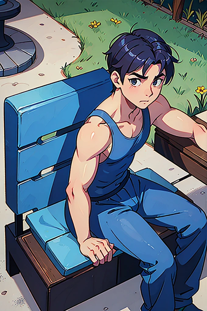A muscular man in a blue jumpsuit is sitting on a park bench and looking at the camera、belly button、