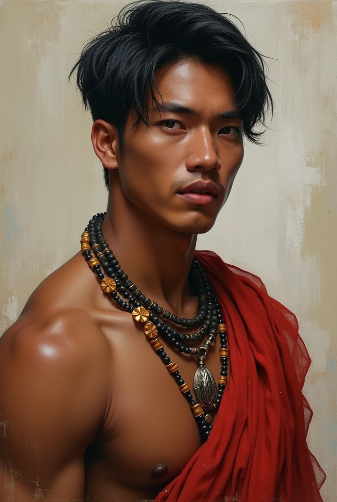 kor: 25 years old Height: 1,89 Physical constitution: Scrawny, but with defined muscles Skin color: Brunetette, with indigenous traits, smooth skin Eyes: black eyes, expressive and captivating Hair: black hair, straight and short of the 20th century.
fleshy and red mouth, beautiful smile.
indigenous clothing.
Masterpiece, 8k, painting-like, photo by full body, handsome man.