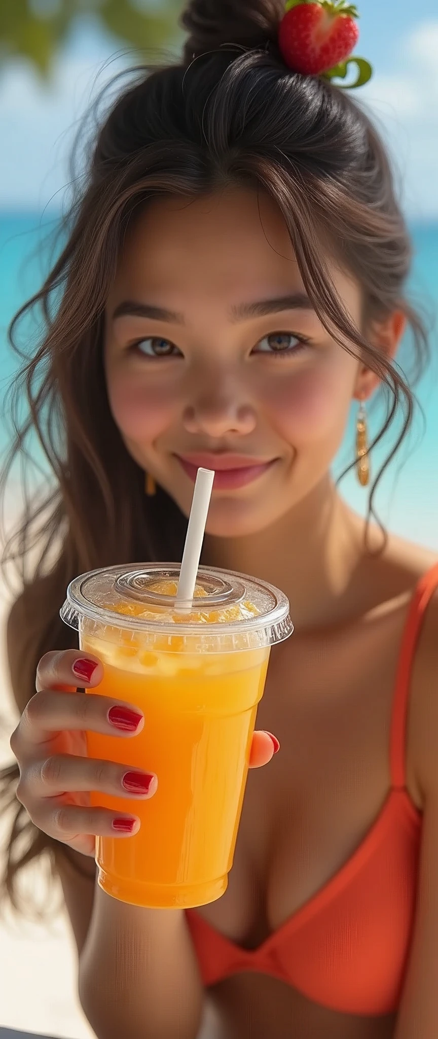 (masterpiece:1.2, Highest quality,Highest quality,Very detailedな:1.2),(Very detailed),8k,(Realistic),(RAW Photos:1.2),(1 female),(Random nationality women,Beautiful Face,Beautiful Eyes,Beautiful Hair,Detailed skin texture:1.3,Beautiful Hands:2.0,Detailed hands:1.2,Cute Nail Art:1.2,Random hairstyle),(A woman drinking a new fruit Frappuccino,straw,Stylish tableware,A stylish seaside coffee shop),(Stylish Photos),(Cool looking photo),(A delicious smile:1.2),(summer),(Detailed depiction down to the last detail),(Swimwear:1.6)