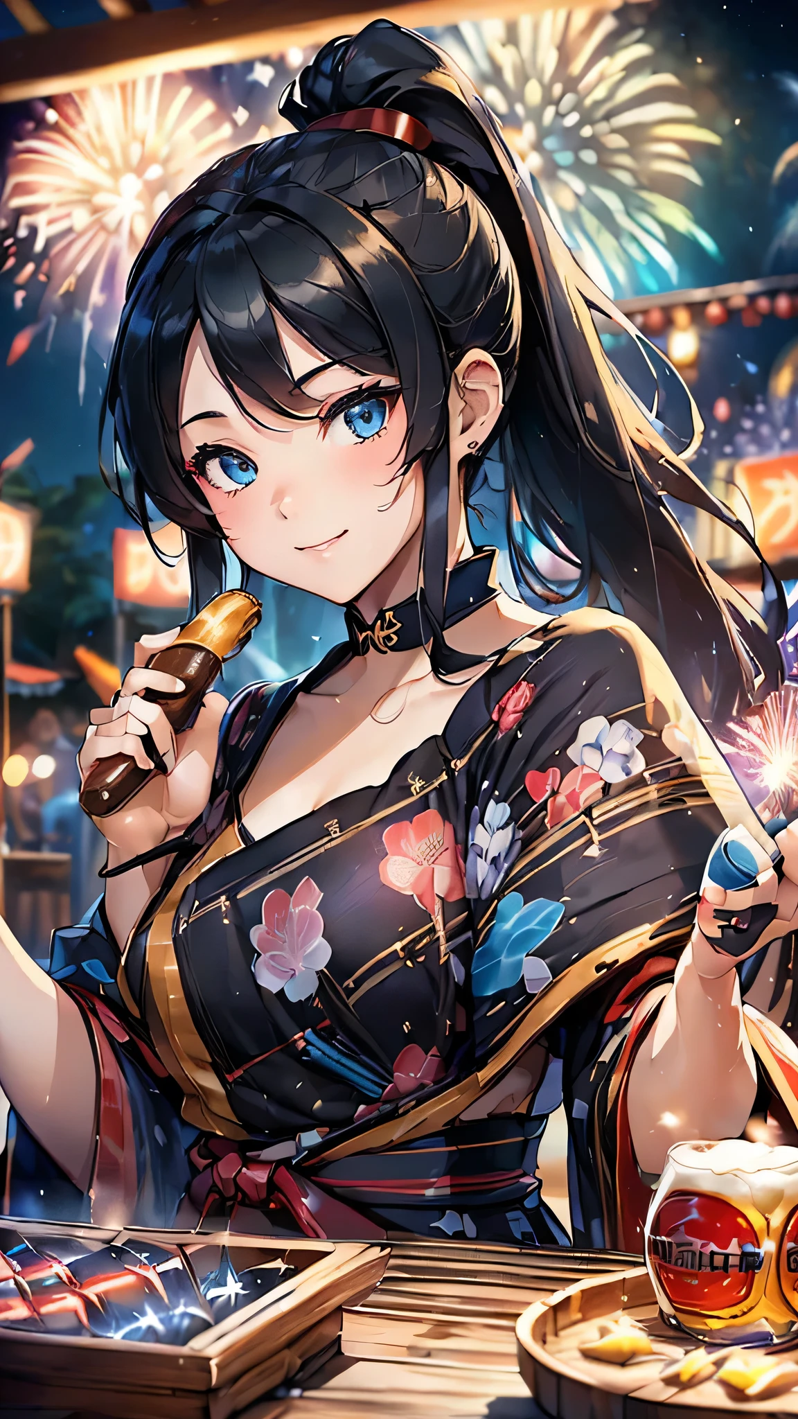 最high quality、Best image quality、masterpiece、With a girl((cute、20-year-old、Best Bust、Medium Bust、Beautiful Blue Eyes、Spread your chest wide,Black Hair、ponytail、Disheveled Hair、thin、Highest Valley、Red yukata、smile、Beer を持つ、Drunk))high quality、Beautiful art、background((night、festival、stall、Fireworks、Beer )),Tabletop、Exquisite design、Visual Arts、Written boundary depth、Best lighting、Highest detail、8k