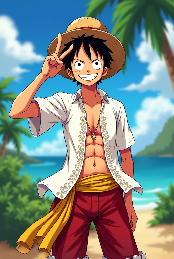 Pinoy luffy one piece doing peace sign wearing a barong tagalog