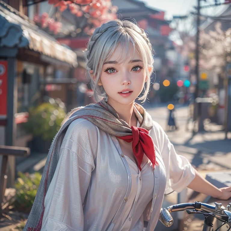 (masterpiece:1.3), (8k, Realistic, RAW Photos, Best image quality: 1.4), Fair-skinned fairy woman、short hair、Cleavage:2.0、Highly detailed face、Attention to detail、double eyelid、Sharp focus:1.2、Beautiful woman:1.4、Silvery white hair、Highest quality、masterpiece、Ultra-high resolution、(Realistic:1.4)、Highly detailed and professionally lit smiles、Loose, Light, Wear a Japan high school uniform:1.5、Red scarf、 One person、whole body,Cycling through Japanese cities、