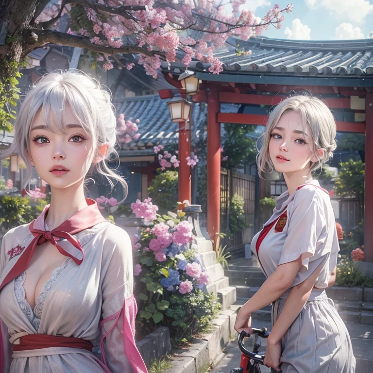 (masterpiece:1.3), (8k, Realistic, RAW Photos, Best image quality: 1.4), Fair-skinned fairy woman、short hair、Cleavage:2.0、Highly detailed face、Attention to detail、double eyelid、Sharp focus:1.2、Beautiful woman:1.4、Silvery white hair、Highest quality、masterpiece、Ultra-high resolution、(Realistic:1.4)、Highly detailed and professionally lit smiles、Loose, Light, Wear a Japan high school uniform:1.5、Red scarf、 One person、whole body,Cycling through Japanese cities、