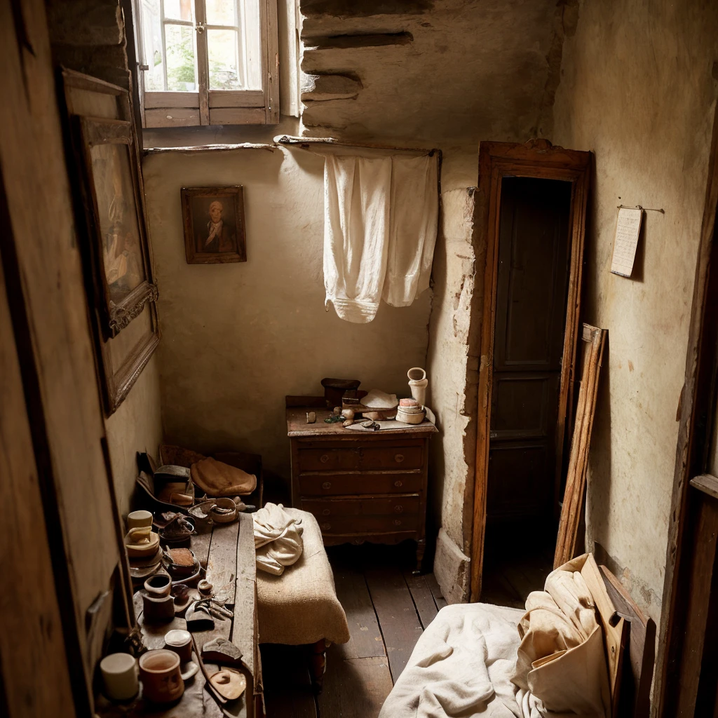 realistic picture,19th century,in France,bedroom,one bed,narrow room,small,dirty,filthy,unhealthy,brown wood,