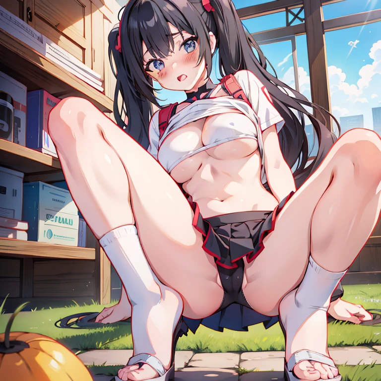 anime girl squatting, sexy body suit, Twintails, Black Hair, Very Long Hair, Embarrassed, no bra, Large breasts, mini skirt, white crop