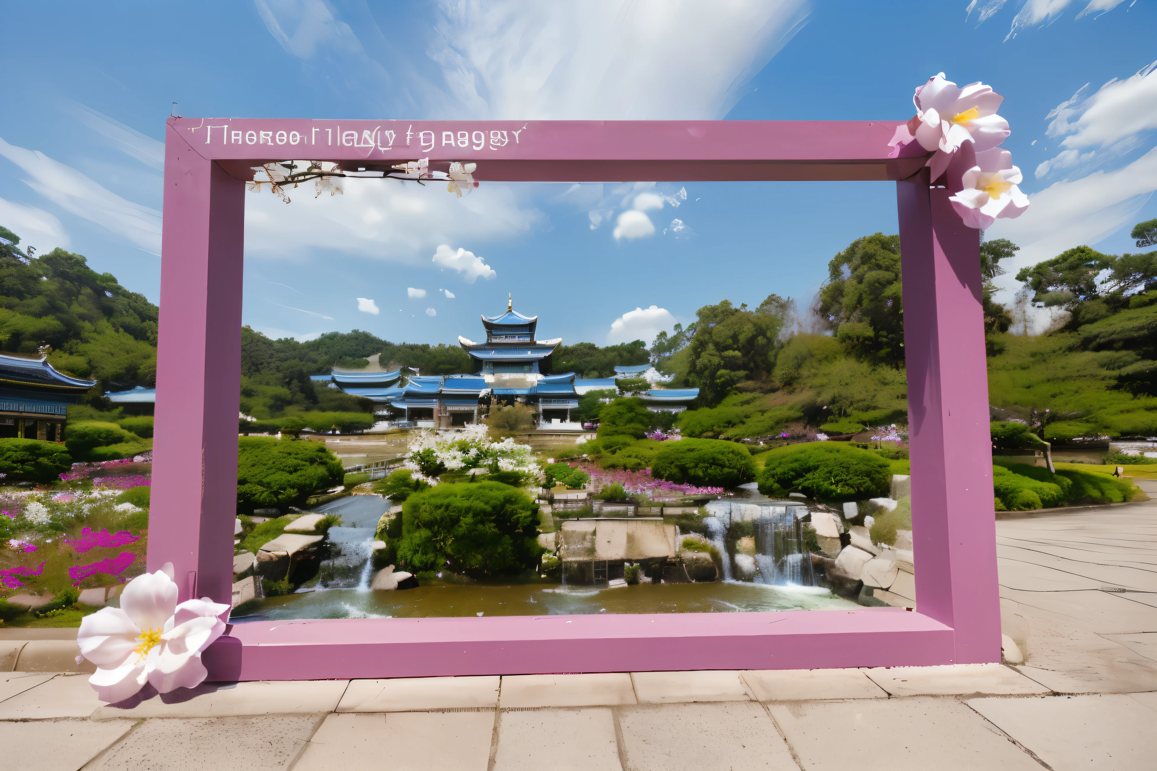 There is a pink photo frame,Pictures with plum blossoms on them, Artistic masterpiece, Flower fields in the foreground, ( Visually stunning, Inspired by Tang Yifen, Wide-angle photos, strict, Park Sang Yeol, gwanghwamun, inspired by Wang Yuan, with wide-angle lenses, Waterfall in the background,Slow door,Pagoda in the background,Blue sky and white clouds