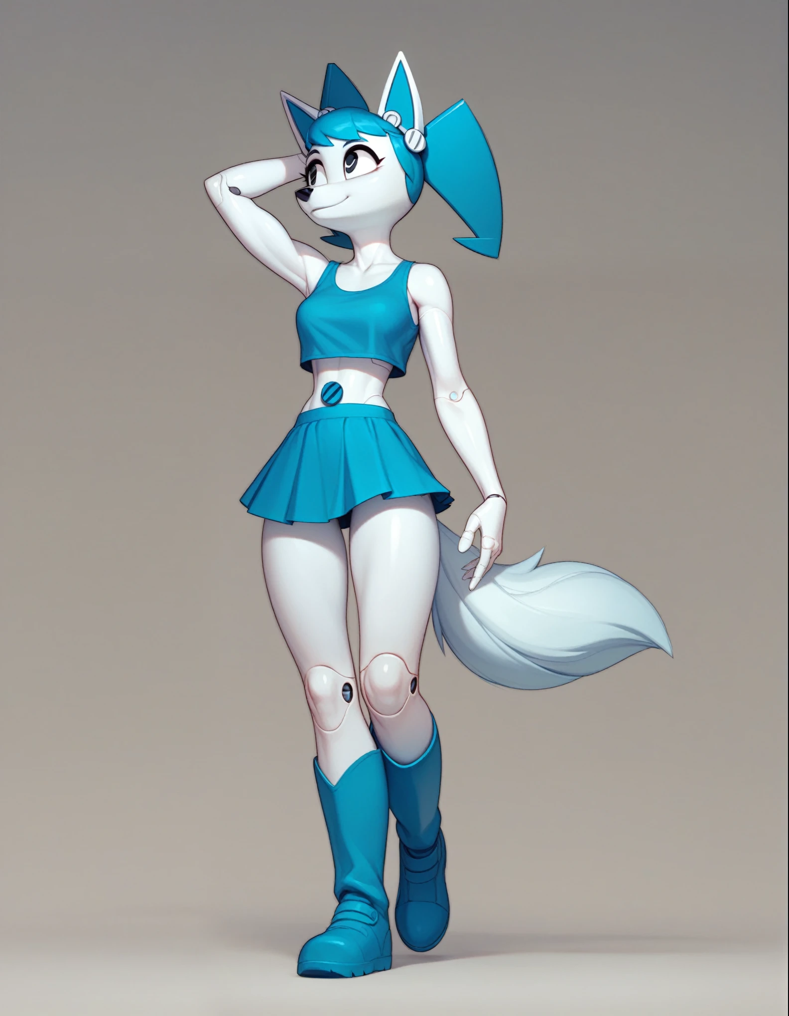 Solo, score_9,score_8_up,score_7_up, solo, Anthro, Jenny Wakeman from my life as a age robot, female, (she is an anthropomorphic wolf girl, wolf snout, black nose, wolf tail):1.3, android, metal blue pigtails, white wolf ears, synthetic white skin, android joints, synthetic hair, synthetic body, wearing latex blue crop top, blasted blue micro skirt, blue boots, standing, eyes half open, smiling, looking away,