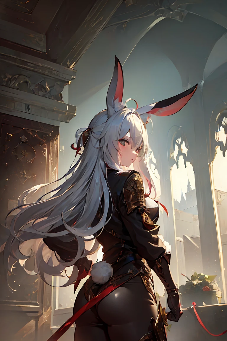 ((masterpiece:1.3)), accurate, textured skin, high details, high quality, high resolution, super detail, 1080P, detailed face, detailed eyes, rabbit ears, white hair, sidelocks, swept bangs, straight hair, shiny hair, big hair, Gothic art, cowboy shot, ((sword)), Background (abandoned castle, old castle), ribbon, rabbit tail, from back