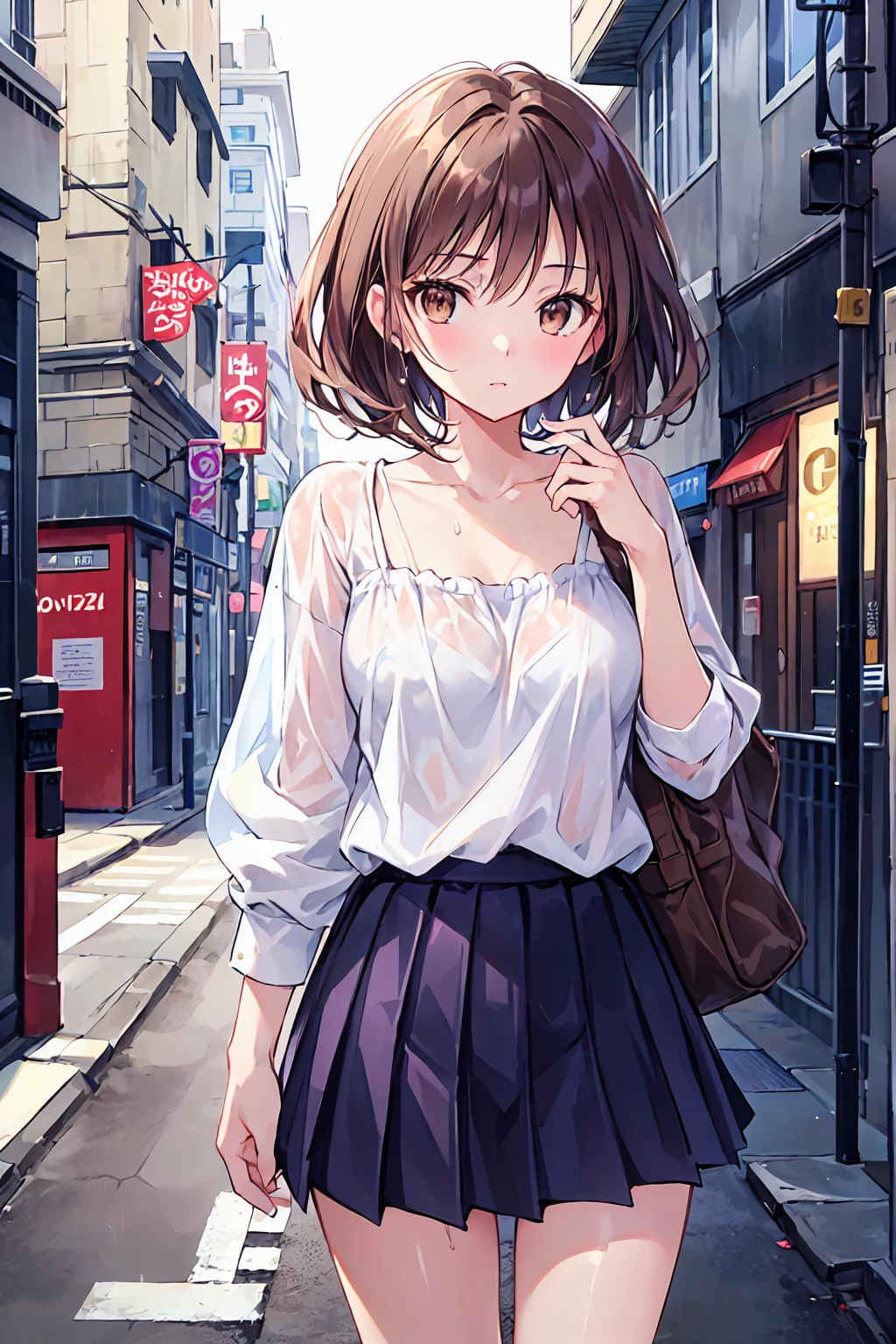 21歳の女性のphotograph, Perfect body, Short pleated skirt, Tight white blouse, Brown eyes,street, Brown Hair, dramatic, Complex background, Movieような, Movie, Canon 5D, photograph, Film Stock, Wet, it's raining,Small breasts,Flat chest,((Highest quality)), (Very detailed), (High-definition CG synthesis 8k wallpaper), 高いly detailed, 高い-definition raw colbor photos, プロのphotograph撮影, Written boundary depth,Model pose,Neat