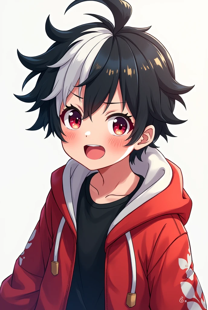 I want a 12 year old boy who has red and black and white clothes has black and white hair anime theme happy 12 year old teenager boy