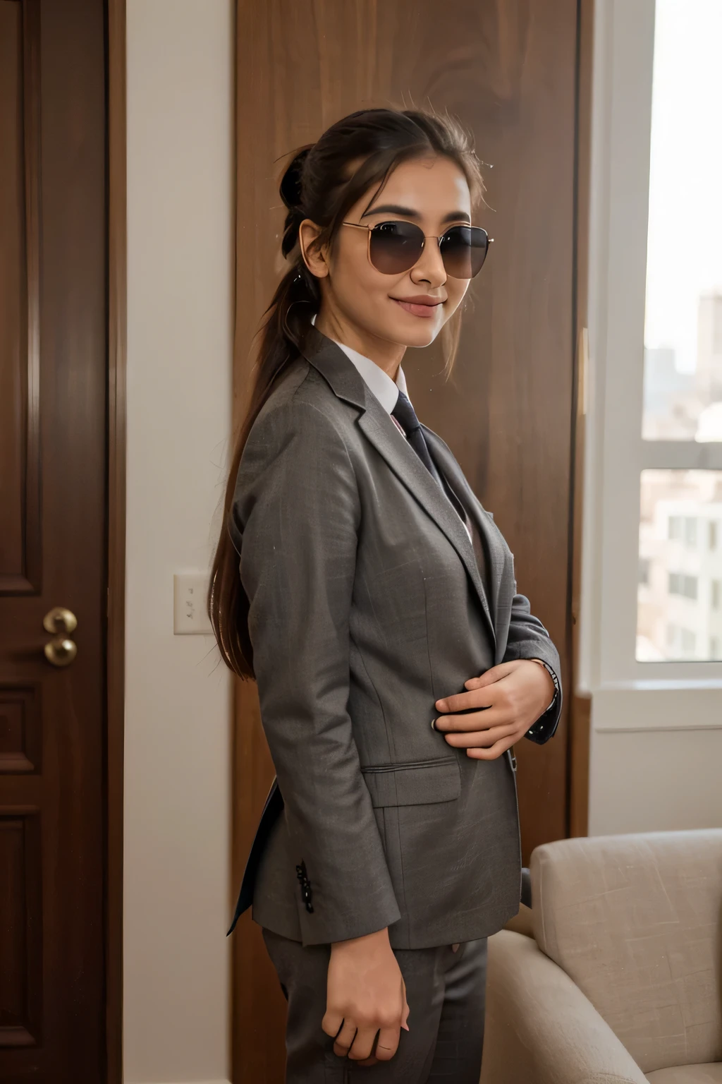 ((best quality)), ((masterpiece)), (detailed),
A 21 year old beautiful Indian girl with long hair smiling face beautiful eyes stunning look girl ponytail hairstyle wearing sunglasses in eyes wearing suit coat pant tie 👔 standing from front same as uploaded standing in a luxurious room full pic realistic perfect