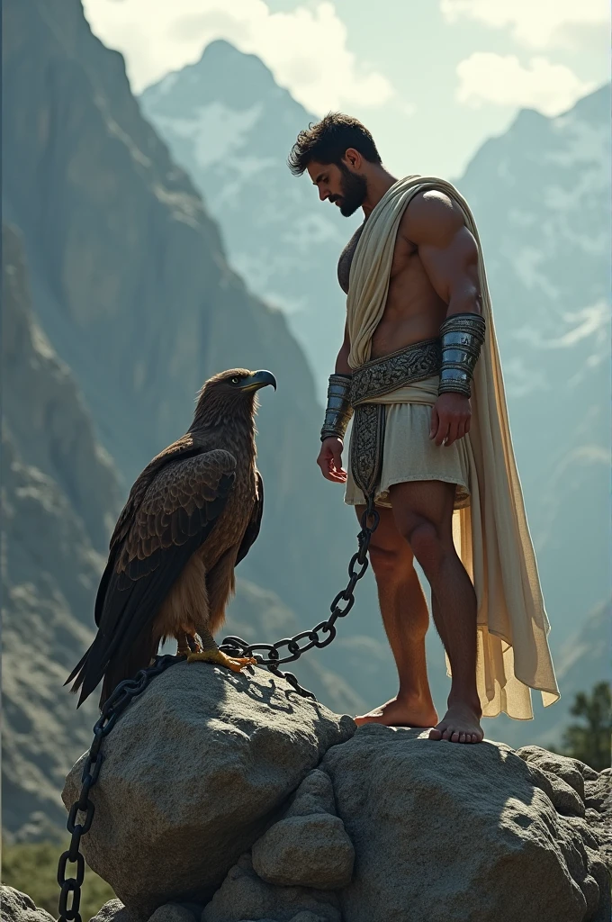 Characters: Prometheus, Hercules - Description: Hércules libera a Prometheus
- Época: Greek Antiquity - Clothing: Tunic and armor for Hercules - Location: Rock in the Caucasus - Action: Hercules kills the eagle, libera a Prometheus
- Fondo: The rock, sky and mountains - Plan: Wide shot
- Estilo: hyper-realistic, Photo realism, cinematography