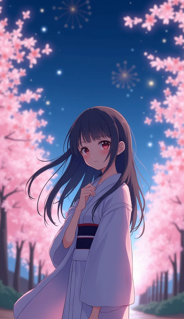 very cute、14 years old、girl、Straight Long Hair、yukata、firework、Night Sky、Cherry blossom trees、yukataの胸元がはだけている、