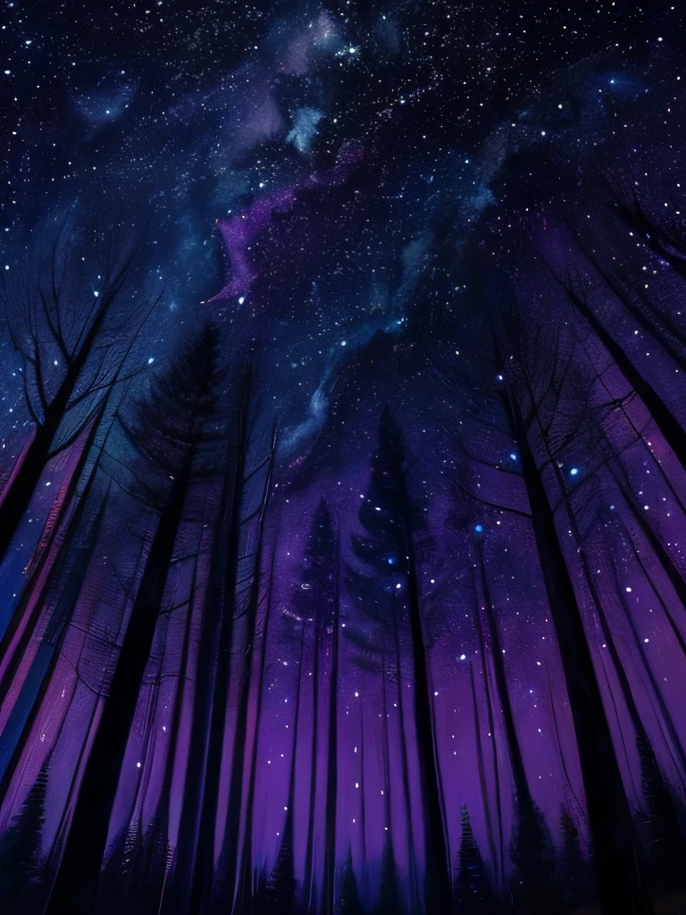 a painting of a night sky with trees and stars, an acrylic painting by Zelma Blakely, flickr, space art, stary night painting, starry-night!!!!!!!!!!!!!!!!!!!!, colorful night sky, acrylic paint on canvas, starry nights, starry skies, trees and stars background, acrylic painting, beautiful color art!, violet sky, stars and paisley filled sky