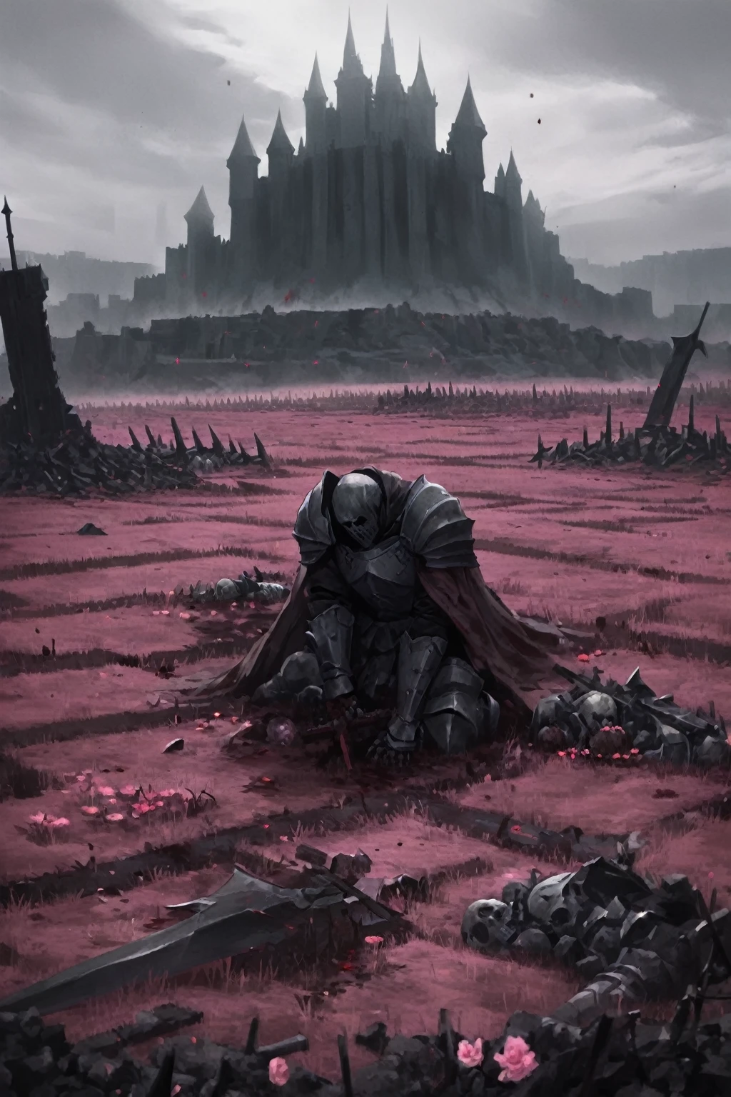 work of art, excessive brutalism, field of battle, broken weapons, fallen bodies, knight with cape shield on his knees mourning the death of another knight, knights fallen to the ground defeated, pink flowers, (dreamy landscape), stunning landscape, castle in the background, dark scenery, bloodstains, rosas de bloodstains, several corpses of fallen knights
