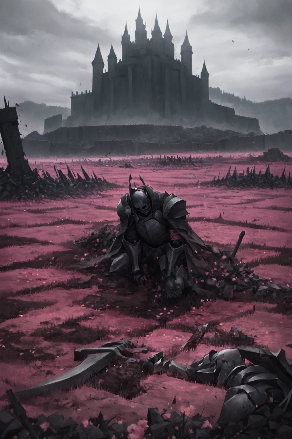 work of art, excessive brutalism, field of battle, broken weapons, fallen bodies, knight with cape shield on his knees mourning the death of another knight, knights fallen to the ground defeated, pink flowers, (dreamy landscape), stunning landscape, castle in the background, dark scenery, bloodstains, rosas de bloodstains, several corpses of fallen knights