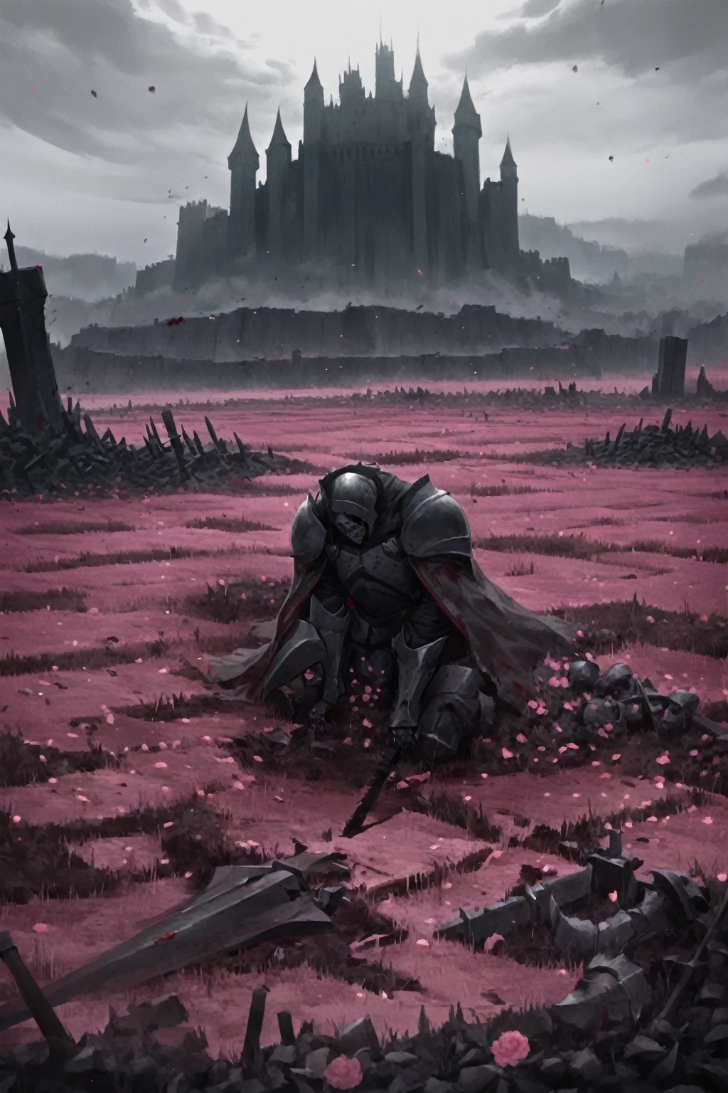 work of art, excessive brutalism, field of battle, broken weapons, fallen bodies, knight with cape shield on his knees mourning the death of another knight, knights fallen to the ground defeated, pink flowers, (dreamy landscape), stunning landscape, castle in the background, dark scenery, bloodstains, rosas de bloodstains, several corpses of fallen knights