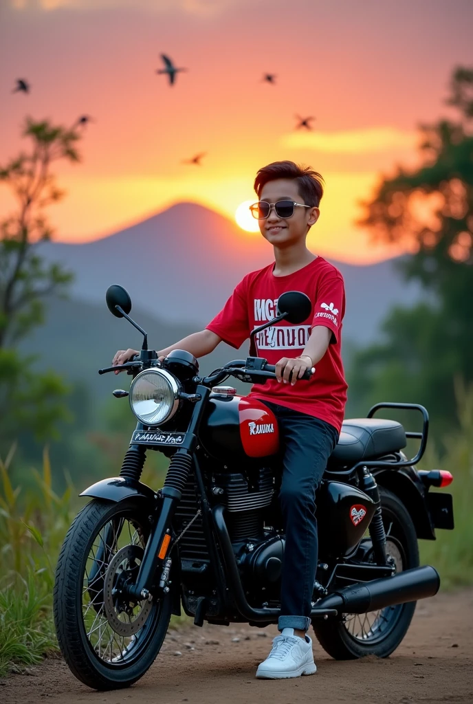 16-year-old Indonesian boy sits on a black and red Enfield bullet in a stylish pose, mountain behind, half sunset, some birds flying in the sky, trees in the background. Men and women wear white patterned shirts, celana jeans funky, white shoes, written the name &quot;MINGKAK&quot; and Radhika wrote on the shirt. He looks very handsome, tiny, smile, beautiful, sunglasses, listening style, Blaring full background, 4k high quality images. Real picture