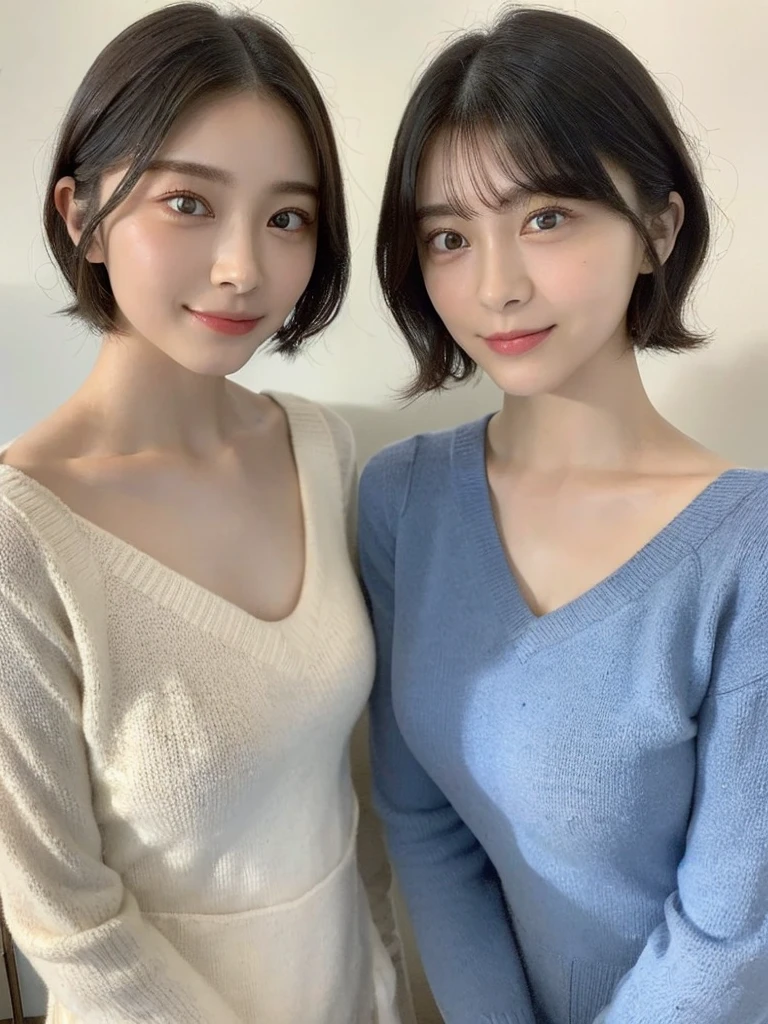 (masterpiece:1.3), (8k, Photoreal, Raw photo, best image quality: 1.4), Japanese high school girl、(random hairstyle:1.2)、cleavage:1.5、super detail face、eye for details、double eyelid、chest to chest、sharp focus:1.2、Beautiful woman:1.4、light brown hair、highest quality、masterpiece、超A high resolution、(Photoreal:1.4)、Highly detailed and professionally lit smiles、loose and light knitwear、shoulder out、thin、serious expression、short haired、deadly position
similar identical twins
All the girls have the exact same face, The two have the same face and figure, as if they were mirror images.