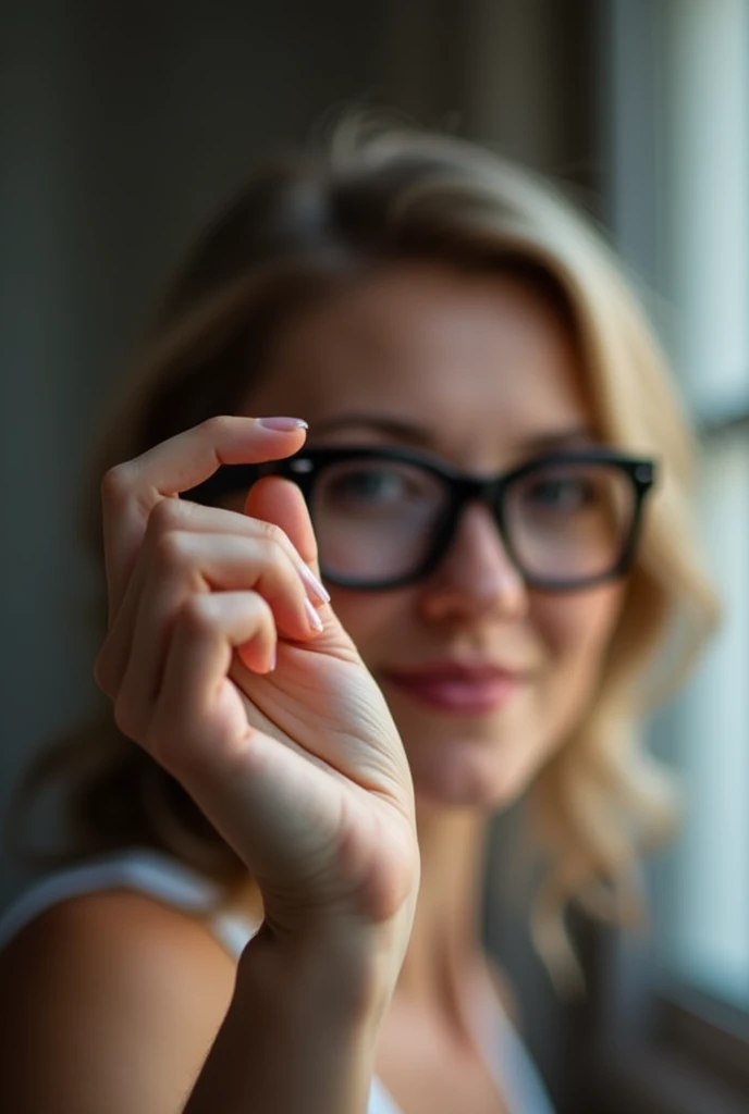 only woman's hand holding black frame glasses