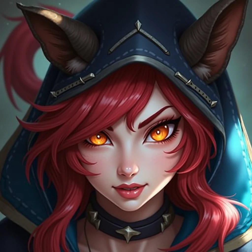 1 girl, 28y old, xayah (League of Legends), orange eyes, animal eyes, Red-Hair, hoodie, animal ears,