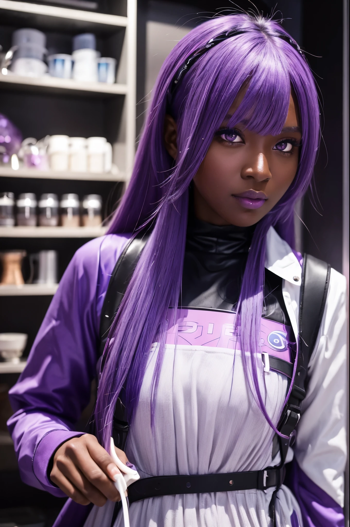 Futuristic Girl, Dark Skin, Purple eyes, space, Purple Hair, Blue Hair, Pink Hair, Long Hair, Dark Skin, Futuristic Coffee Shop