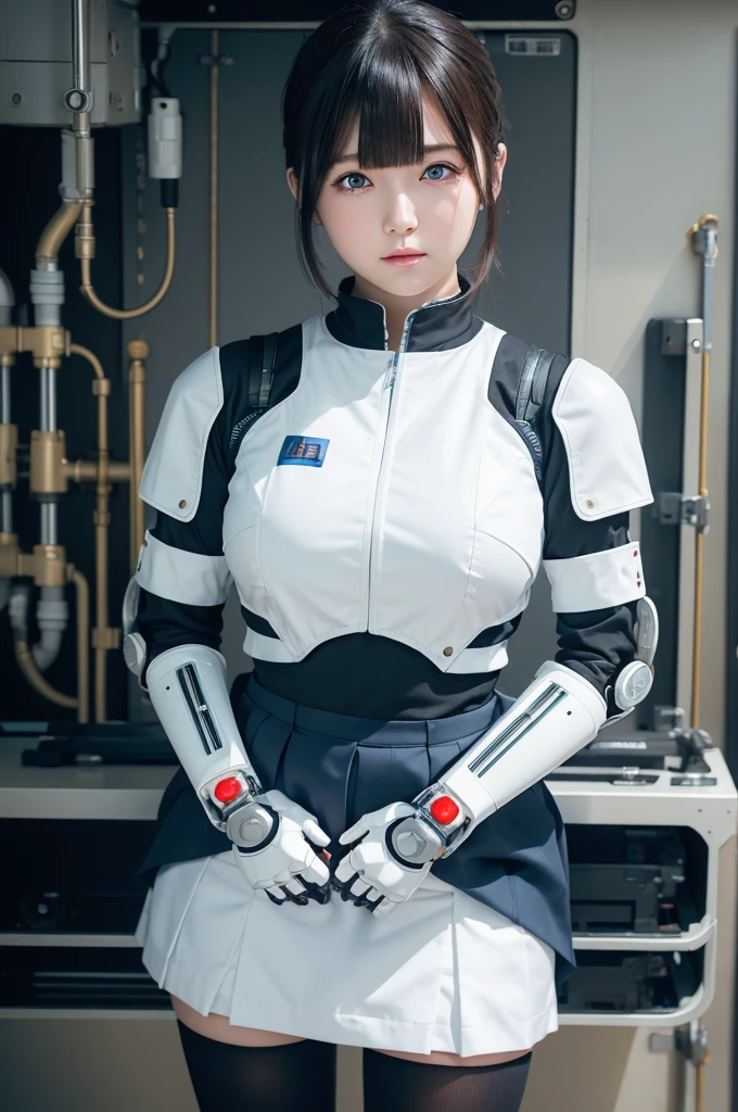 masterpiece, best quality, extremely detailed, Japanese android girl,Plump ,control panels,Mechanical Hand,Robot arms and legs, robot assembly plant,white robot body,blunt bangs,skirt,black knee high socks,blue  eyes