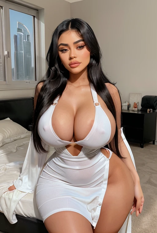 Stunning big-eyed 18yo filipina kylie jenner, make-up, kohl and fake lashes, long black straight hair, middle part with edges, g-cups brown eyes, full frame, curvy body, loose slutty white dress, big massive plump wide breasts, thick curvy thighs, massive round titties, fake eyelashes, fake lashes, long eyelashes, big lips, baddie, side glance at viewer, dubai skyline bedroom