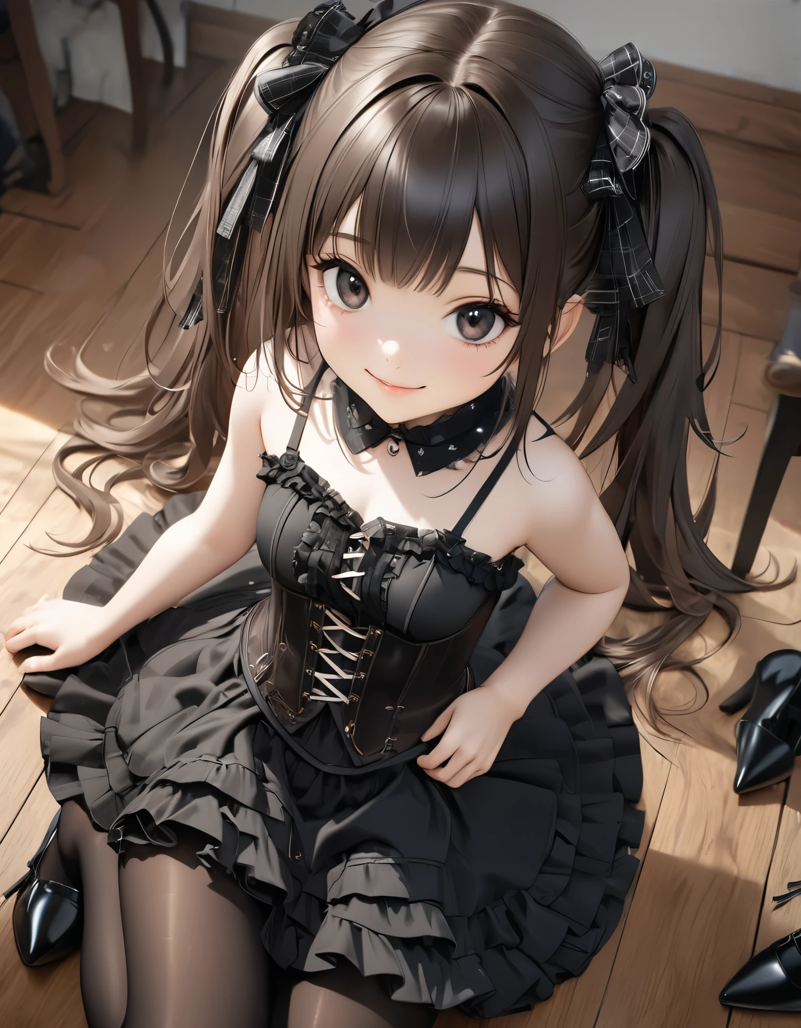 (masterpiece, 8K, photorealistic, Raw photo, best quality, ultra high resolution: 1.2), (1 girl), (solo), (10 year old female of Photorealistic anime girl), (hair ribbon, one-piece tan, breastless clothes, detached sleeves, corset, mini skirt, frills), (cute, little:1.5), (very beautiful face:1.5), (Beautiful face with perfect symmetry:1.2), (cute face:1.5), (small natural breasts:1.4), (wonderful smile:1.5), (tanned skin, high detail skin: 1.5), (perfect anatomy), (Beautiful Dark brown short tiered hair, V cut with layers and bangs:1.2), ((Beautiful black eyes:1.5)), (Soft atmosphere characteristics), (Gothic Lolita Fashion, see-through camisole, side tie panties, black pantyhose, high heels:1.4), ((perfect Pause)), (Face close-up:1.5), volume lighting, soft light, bright,