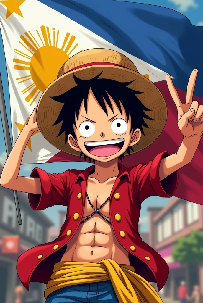Pinoy luffy one piece doing peace sign wearing a philippine flag