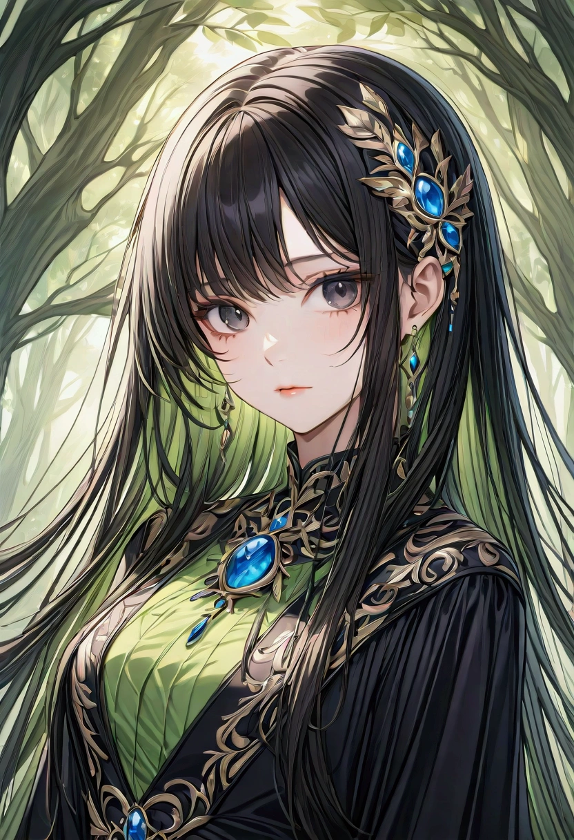 ((Masterpiece)) ((best quality)) ((ultra-detailed )) ((ultra sharp)) ((4k)).Anime girl with long black  hair , black eyes with hourglass shaped build, 