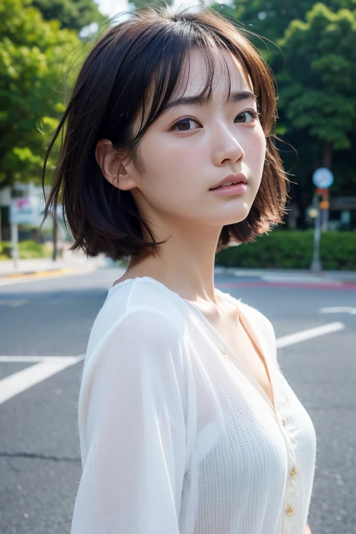 ((Highest quality)), ((masterpiece)), (detailed), One Girl, Japanese, 18-year-old, Sunburned skin, Realistic texture, Lift your chest, puffy face, ;d, (photo realistic:1.55), no makeup, Blouse, short hair, ahoge, From Side, at street, The wind is blowing