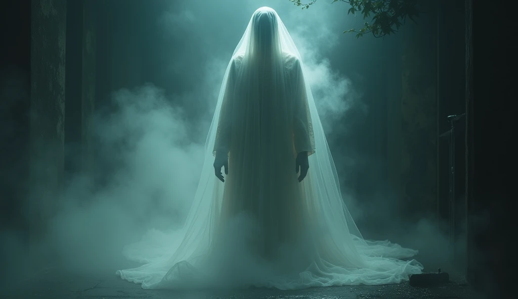 A hyper-realistic, eerie scene of a ghostly figure in traditional attire, shrouded in mist and shadows. The spirit appears translucent with a faint, ethereal glow, set against a dark, mysterious background with an unsettling atmosphere.