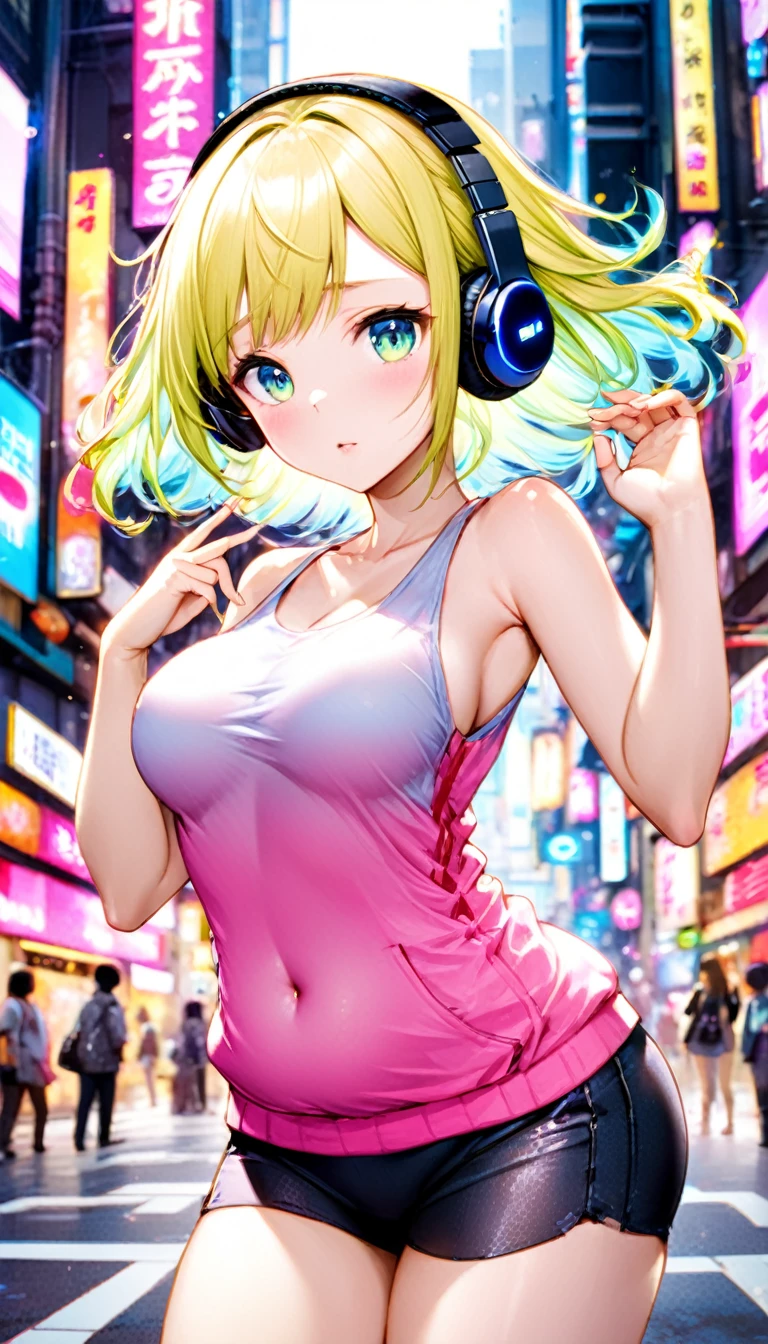 (Highest quality,8k,32K,masterpiece,Ultra-high resolution :1.2 ),born,One girl,Super cute,Natural light,Clear, shining eyes,20-year-old,Fair skin,A fantasy background of a Japanese Shibuya-esque electronic world,Random hair color,Random breast size,Random hairstyle,Tank top,headphone,Her hair is fluttering,Tight,Plump Breasts