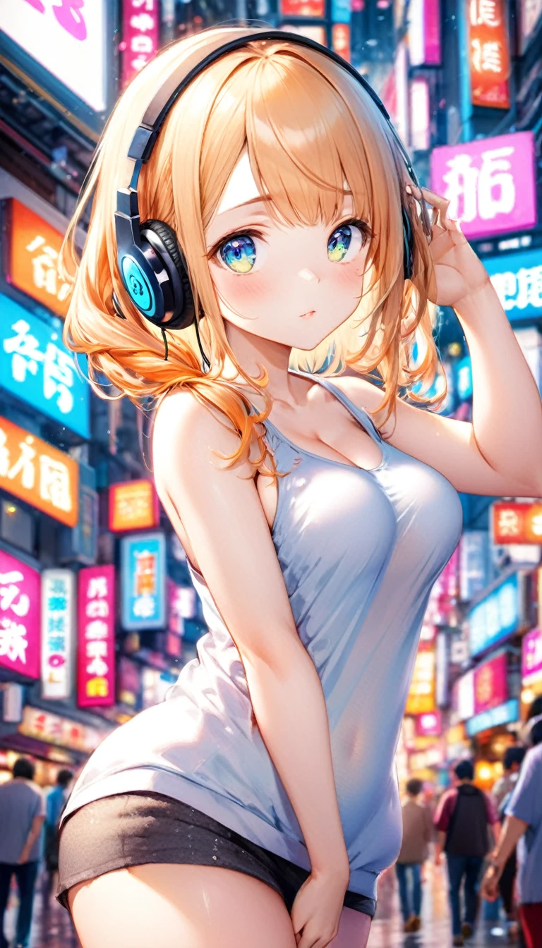 (Highest quality,8k,32K,masterpiece,Ultra-high resolution :1.2 ),born,One girl,Super cute,Natural light,Clear, shining eyes,20-year-old,Fair skin,A fantasy background of a Japanese Shibuya-esque electronic world,Blonde,ponytail,Tank top,headphone,Walking,Her hair is fluttering